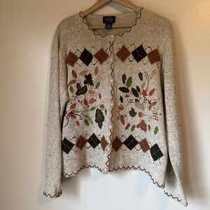 Designers Studio Embroidered Fall Cardigan Sweater Size L Grannycore Cottagecore